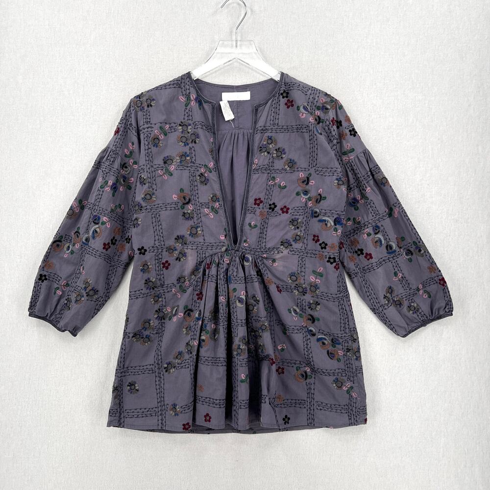 NICOLE FARHI Embroidered Top Womens 6 Gray Floral Print 3/4 Sleeve Split neck